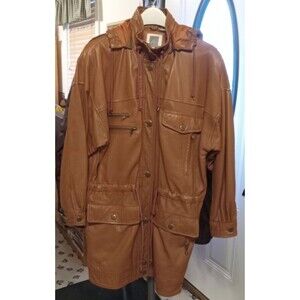 VTG Mens or Womens TOGETHER Brown Leather Hooded Jacket Coat Mid-Length Size M